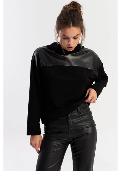 Kadın Siyah Suni Deri Bloklu Kapüşonlu Sweatshirt ST838 modelleri