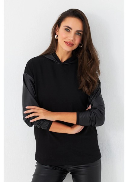 Kadın Siyah Kapüşonlu Sıvama Detaylı Sweatshirt TF37 fiyatları