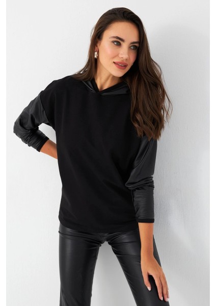 Kadın Siyah Kapüşonlu Sıvama Detaylı Sweatshirt TF37 fırsatları