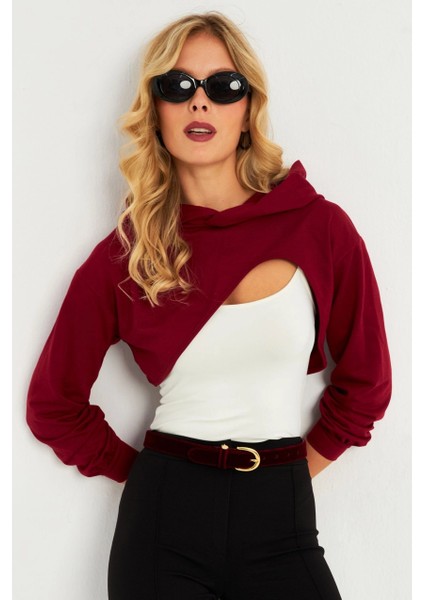 Kadın Bordo Kapüşonlu Crop Sweatshirt TF03