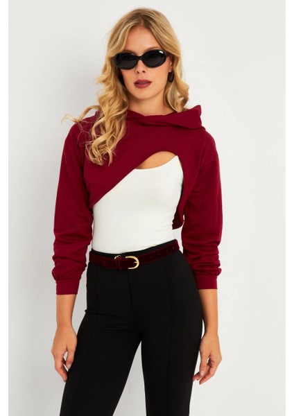 Kadın Bordo Kapüşonlu Crop Sweatshirt TF03 fiyatları