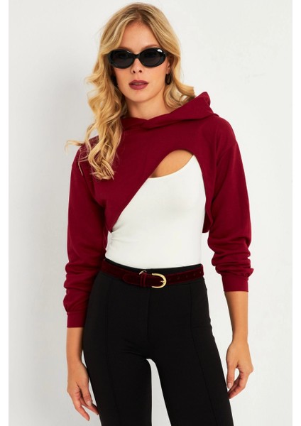 Kadın Bordo Kapüşonlu Crop Sweatshirt TF03 modelleri