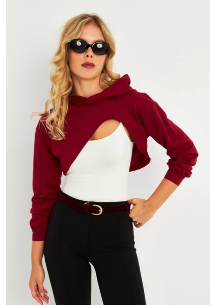 Kadın Bordo Kapüşonlu Crop Sweatshirt TF03 fırsatları