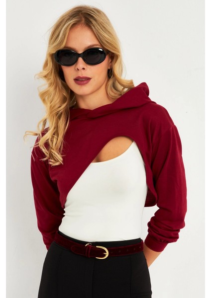 Kadın Bordo Kapüşonlu Crop Sweatshirt TF03 indirimleri