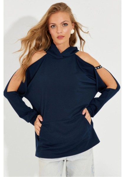 Kadın Lacivert Kolları Açık Kapüşonlu Sweatshirt Yİ2356
