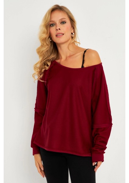 Kadın Bordo Kayık Yaka Ters Dikişli Sweatshirt TF10 fiyatları