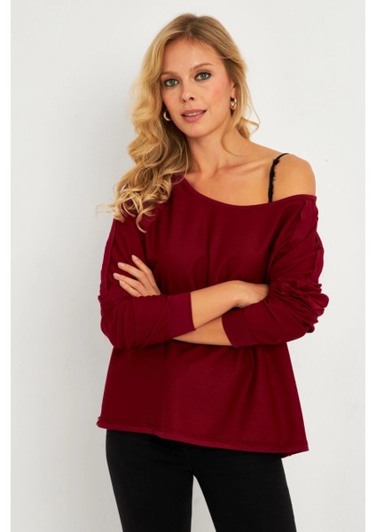 Kadın Bordo Kayık Yaka Ters Dikişli Sweatshirt TF10 modelleri