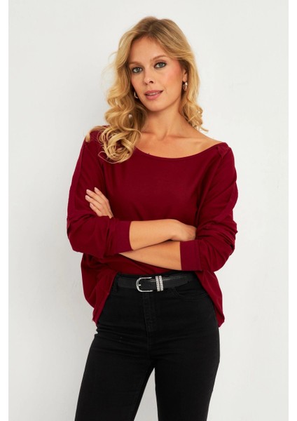 Kadın Bordo Kayık Yaka Ters Dikişli Sweatshirt TF10 indirimleri