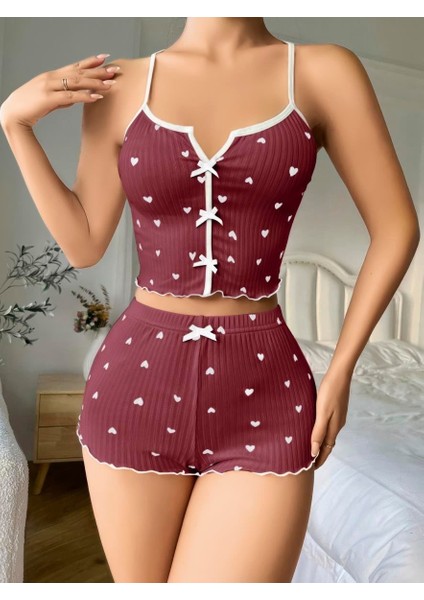 Pamuklu Kahverengi Üstüne Beyaz Kalp Desen Fitilli Askılı Şortlu Pijama Takımı fiyatları