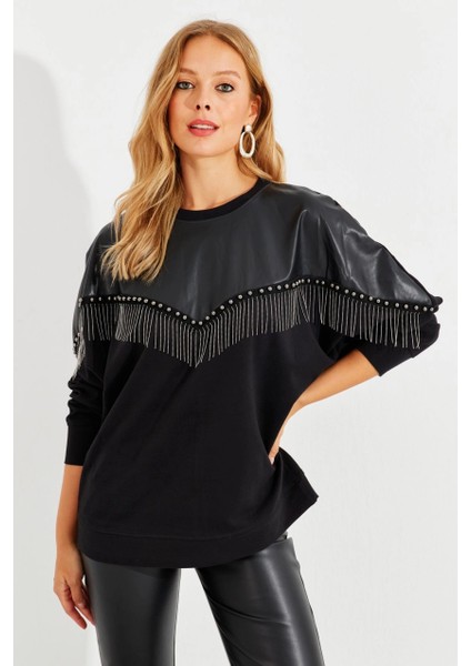 Kadın Siyah Suni Deri Bloklu Sweatshirt PKA806
