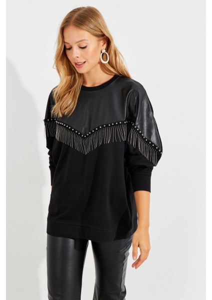 Kadın Siyah Suni Deri Bloklu Sweatshirt PKA806 fiyatları