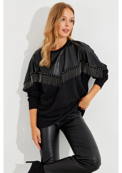 Kadın Siyah Suni Deri Bloklu Sweatshirt PKA806 modelleri