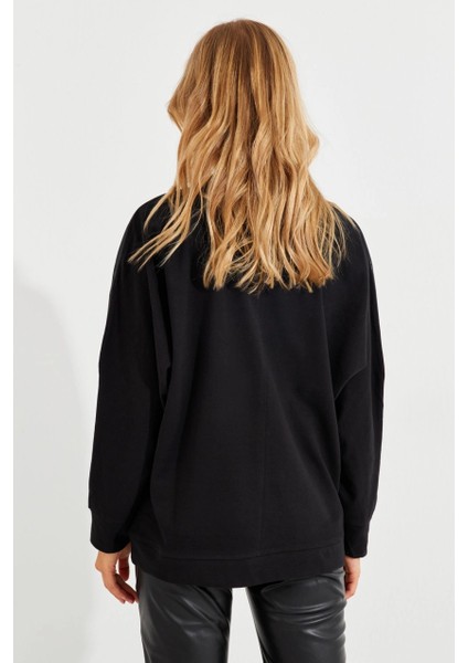 Kadın Siyah Suni Deri Bloklu Sweatshirt PKA806 indirimleri