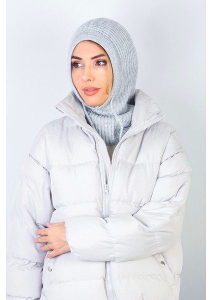 Kadın Ipli Gri Balaclava Triko Bere / Başlık