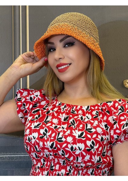 Hasır Şapka,el Örgüsü Kadın Yazlık Günlük Şapka Turuncu Renk Organik Hasır modelleri