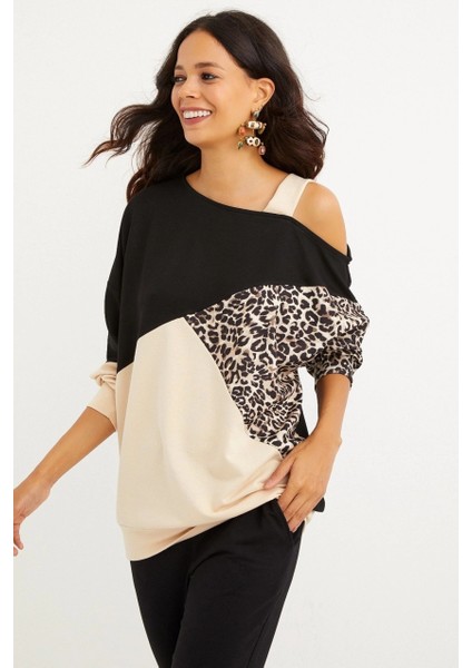 Kadın Camel-Siyah Tek Omuz Leopar Desen Bloklu Sweatshirt BK231066