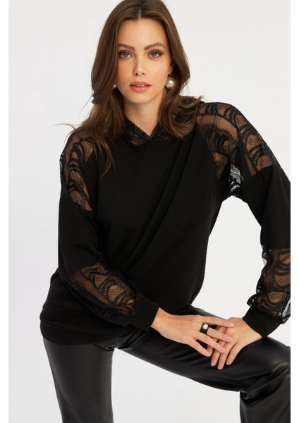 Kadın Siyah Dantel Detaylı Kapüşonlu Sweatshirt MBK58 fiyatları
