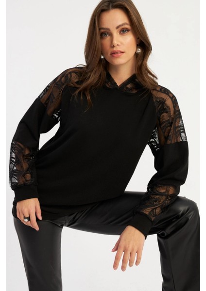 Kadın Siyah Dantel Detaylı Kapüşonlu Sweatshirt MBK58 modelleri