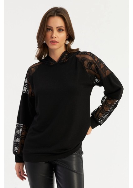 Kadın Siyah Dantel Detaylı Kapüşonlu Sweatshirt MBK58 fırsatları