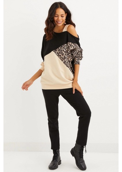 Kadın Camel-Siyah Tek Omuz Leopar Desen Bloklu Sweatshirt BK231066 fırsatları