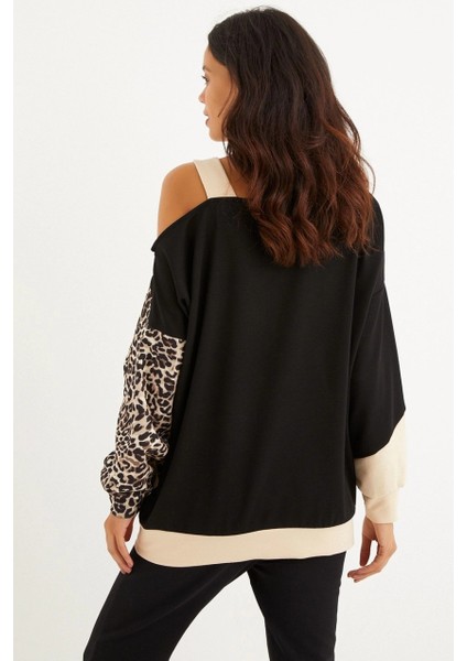 Kadın Camel-Siyah Tek Omuz Leopar Desen Bloklu Sweatshirt BK231066 indirimleri