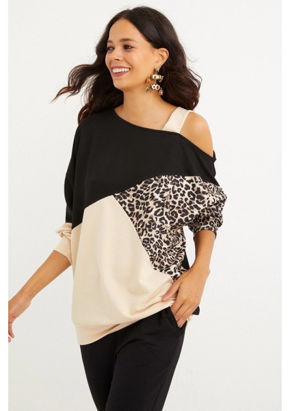 Kadın Camel-Siyah Tek Omuz Leopar Desen Bloklu Sweatshirt MBK231066