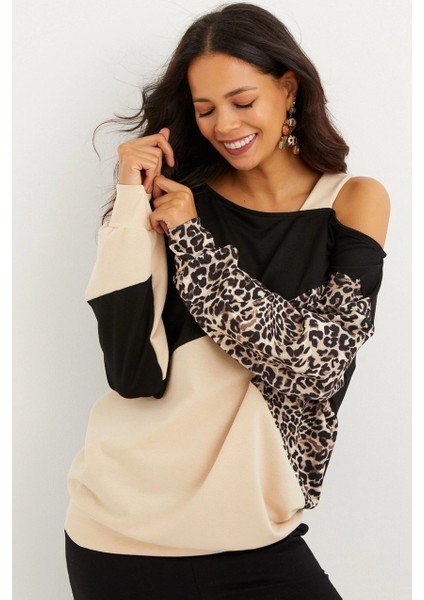 Kadın Camel-Siyah Tek Omuz Leopar Desen Bloklu Sweatshirt MBK231066 fiyatları