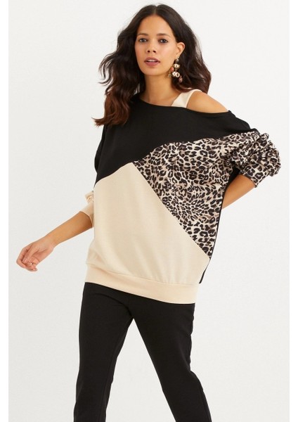Kadın Camel-Siyah Tek Omuz Leopar Desen Bloklu Sweatshirt MBK231066 modelleri
