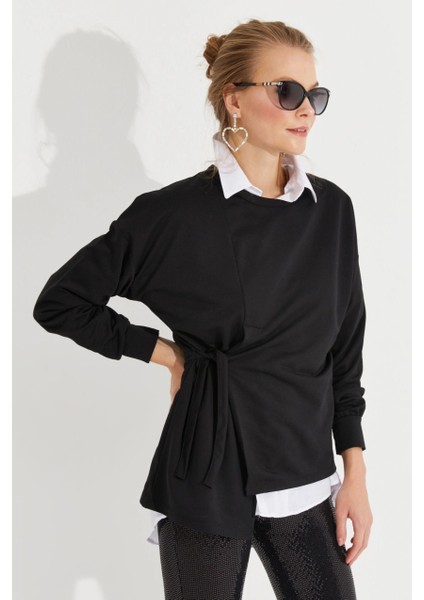 Kadın Siyah Bağlamalı Sweatshirt Yİ2493