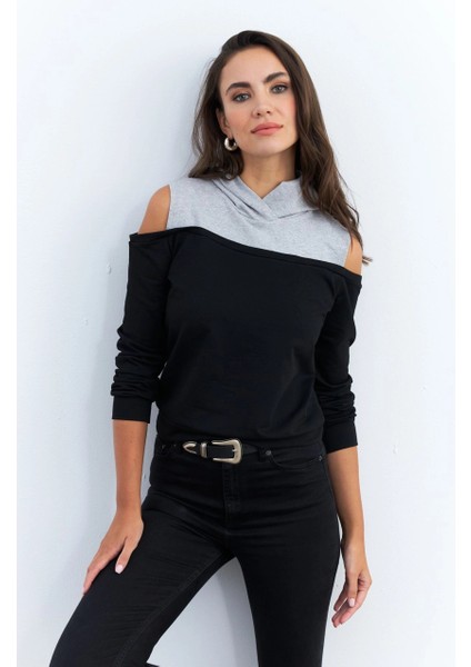 Kadın Siyah-Gri Omuzları Açık Sweatshirt TF15 fırsatları