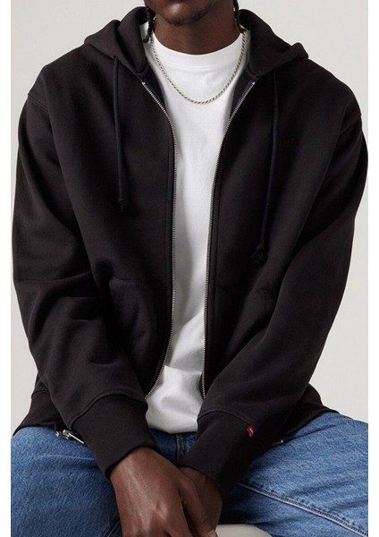 Kapüşon Yaka Siyah Erkek Relaxed Sweatshirt Fermuarlı Hırka - A9265-0000
