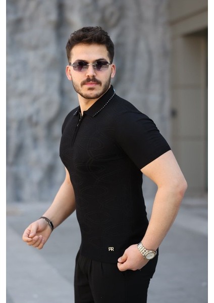 Erkek Viskon Kumaş Polo Yaka Desenli Tişört