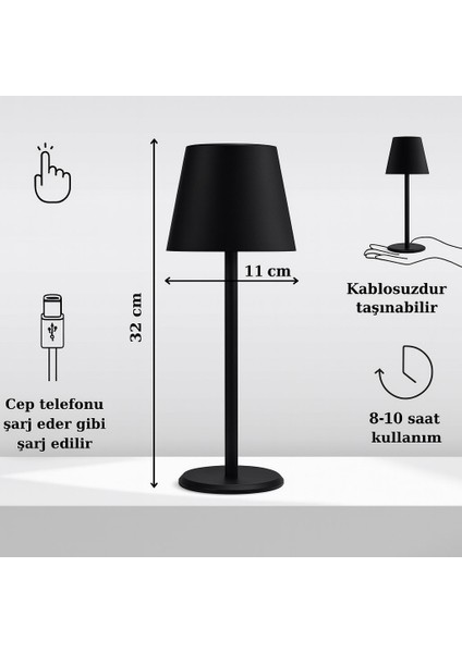Minimal , Modern Tasarım Şarjlı Masa Lambası Siyah Şık Alüminyum Gövde Çelik Taban fiyatları