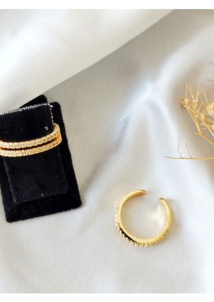 Ladybirdbujiteri Çift Sıra Zirkon Taşlı Ayarlanabilir Çelik Yüzük