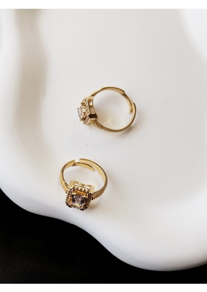 Ladybirdbujiteri Küçük Boy Kare Model Ayarlanabilir Zirkon Taşlı Baget Tektaş Çelik Yüzük