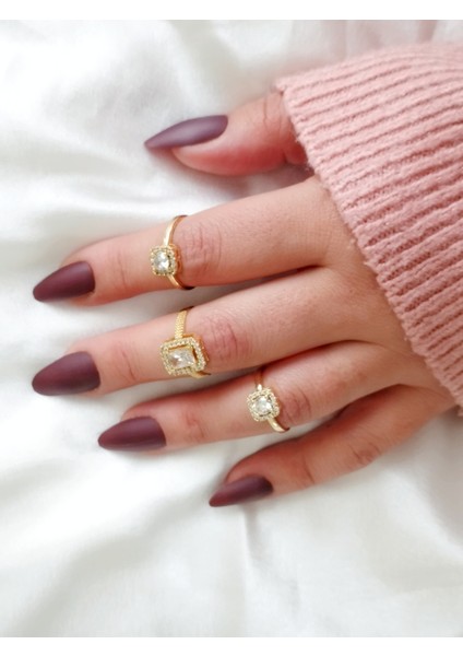 Ladybirdbujiteri Küçük Boy Kare Model Ayarlanabilir Zirkon Taşlı Baget Tektaş Çelik Yüzük