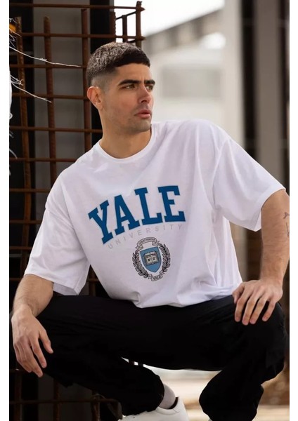 Unisex Bisiklet Yaka Baskılı Oversize T-Shirt - Beyaz fırsatları
