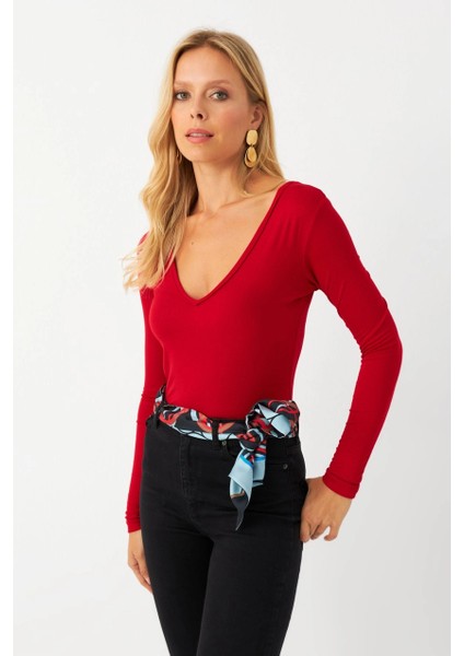 Kadın Kırmızı V Yaka Çıtçıtlı Body Fİ792 modelleri