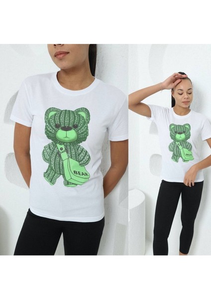 Kadın I'm Yeşil Ayıcık Taş Baskılı T-Shirt Yeni Season