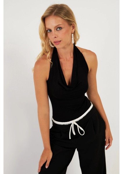 Kadın Siyah Sırtı Açık Çıtçıtlı Body LPP1295