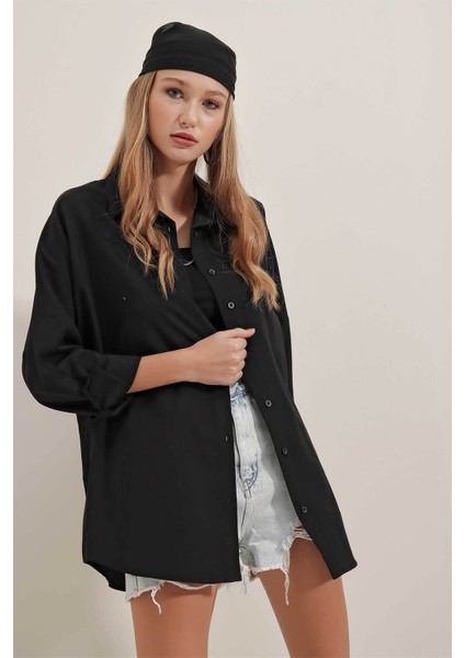Oversize Uzun Basic Siyah Kadın Gömlek 3900 indirimleri