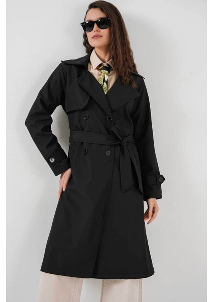 Kruvaze Yaka Siyah Kadın Trençkot 5918