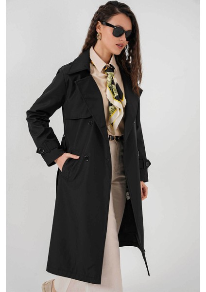 Kruvaze Yaka Siyah Kadın Trençkot 5918 modelleri