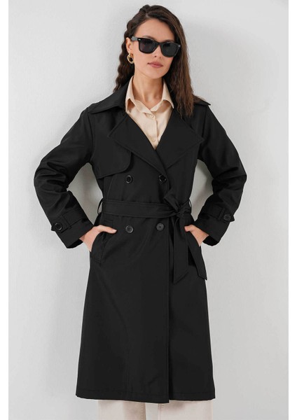 Kruvaze Yaka Siyah Kadın Trençkot 5918 fırsatları