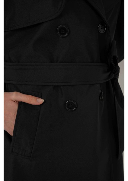 Kruvaze Yaka Siyah Kadın Trençkot 5918 indirimleri