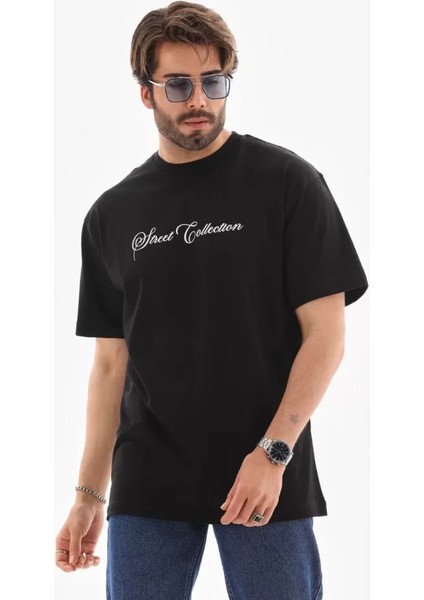 Unisex Bisiklet Yaka Baskılı Oversize T-Shirt - Siyah