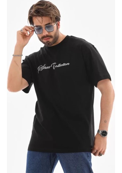 Unisex Bisiklet Yaka Baskılı Oversize T-Shirt - Siyah fırsatları