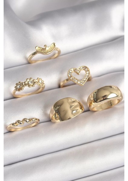 Pirinç Gold Renk Zirkon Taşlı Kalp Figür Çiçek Detay 6'lı Kadın Yüzük Seti
