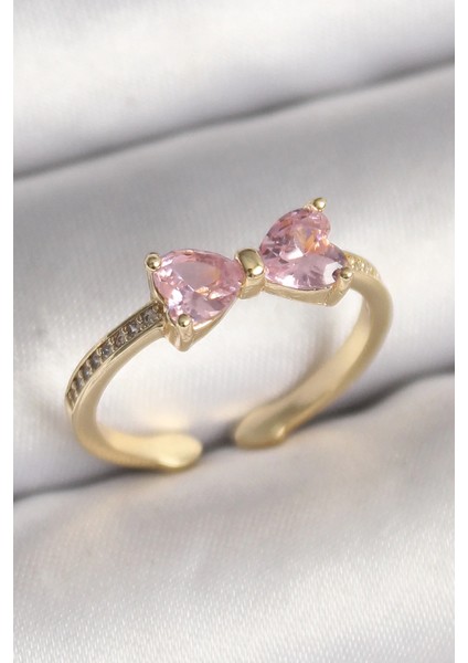 Pirinç Gold Renk Pembe Zirkon Taşlı Kalp Fiyonk Model Kadın Yüzük
