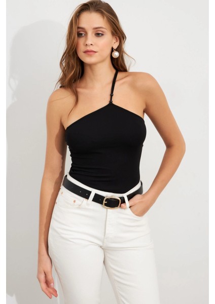 Kadın Siyah İp Askılı Çıtçıtlı Body ZH014
